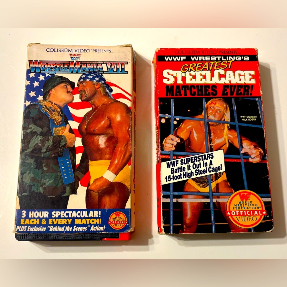 2 Vtg. WWF Hulk Hogan VHS Tapes,
1991 Wrestle Mania VII, 1992 Steel Cage Matches